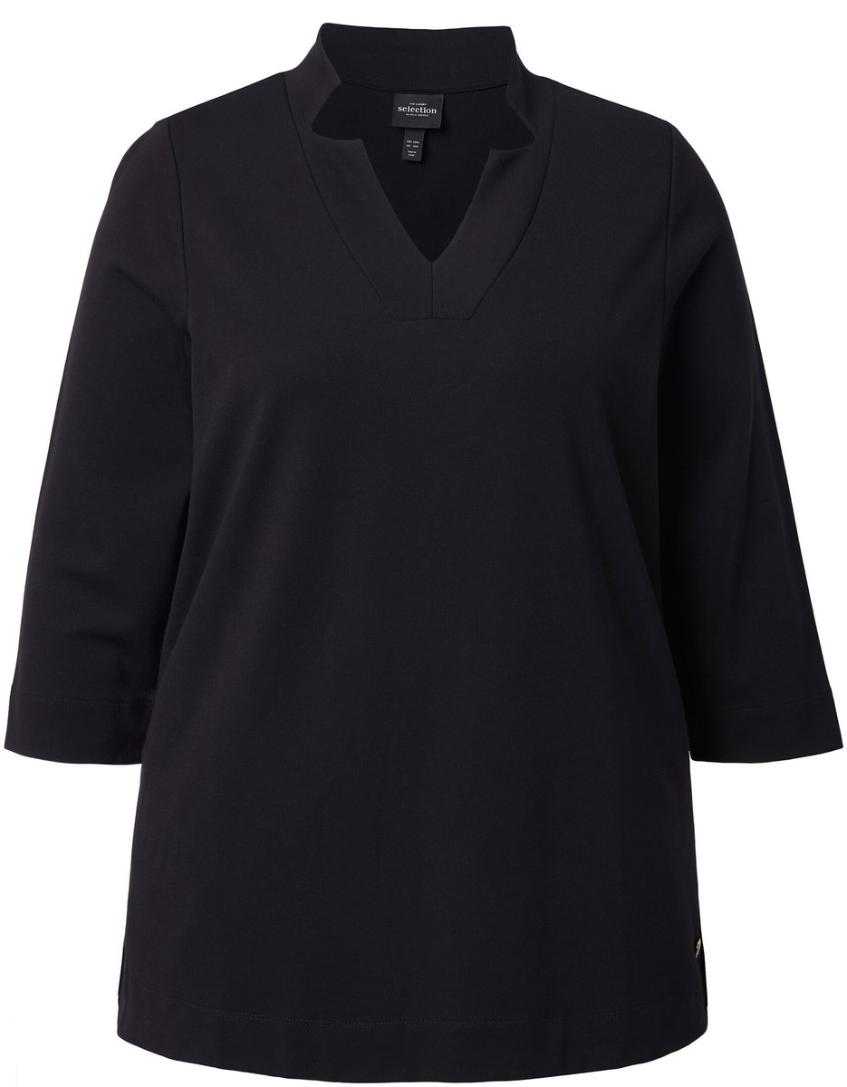Ulla Popken - Dames - Shirt A-lijn spaghetti kraag V-hals 3/4-mouwen - Zwart - Maat 58+