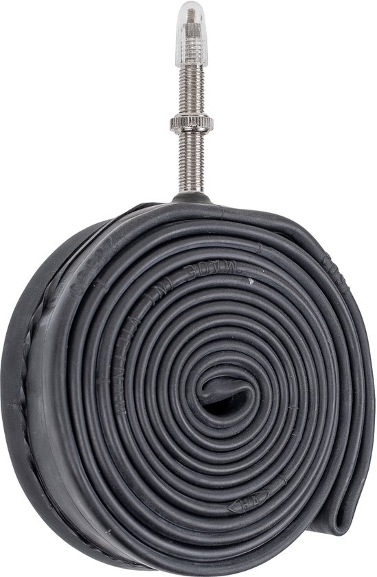 Opgerolde zwarte fietsband met Presta ventiel en transparante dop.