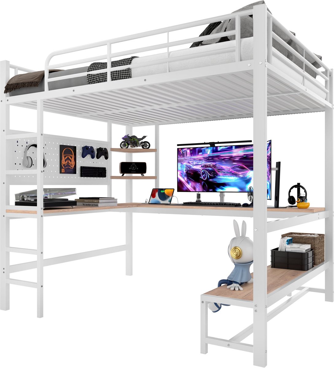 Merax Hoogslaper 140x200 cm - Metalen bedframe - Bed met bureau - Veiligheidshek - Trapladder - Opbergrekken - USB en Type-C aansluiting - LED verlichting - Pegboard opbergbord - Wit - Zonder matras