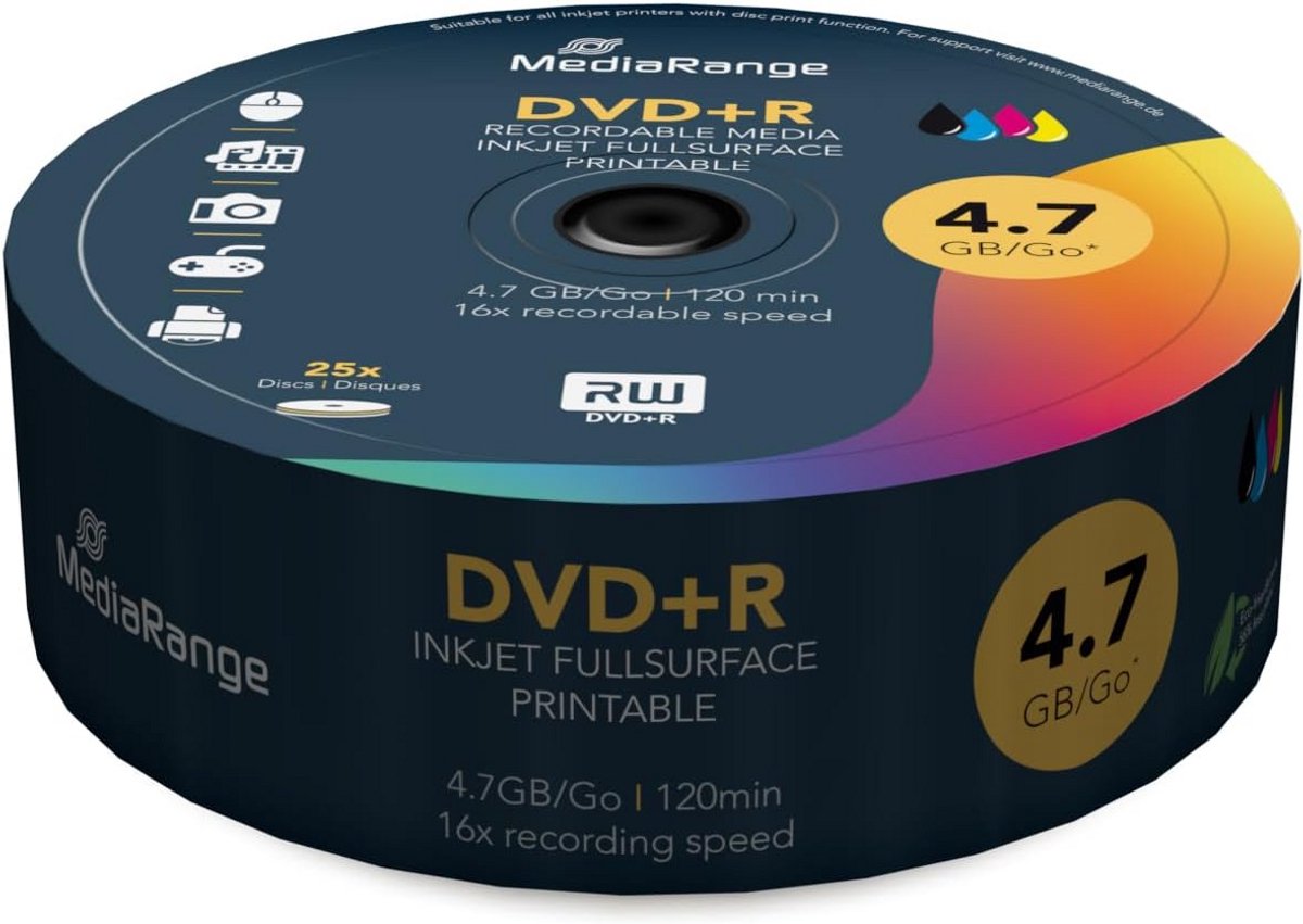 DVD+R 4,7 GB 25 stuks - Volledig bedrukt, 16x schrijf snelheid, ideaal voor inkjetprinters
