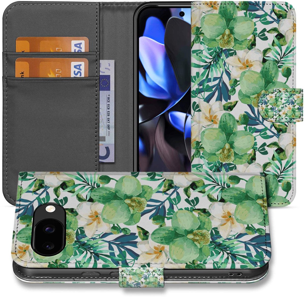 Book Case Google Pixel 9a Orchidee Groen Portemonnee Hoesje