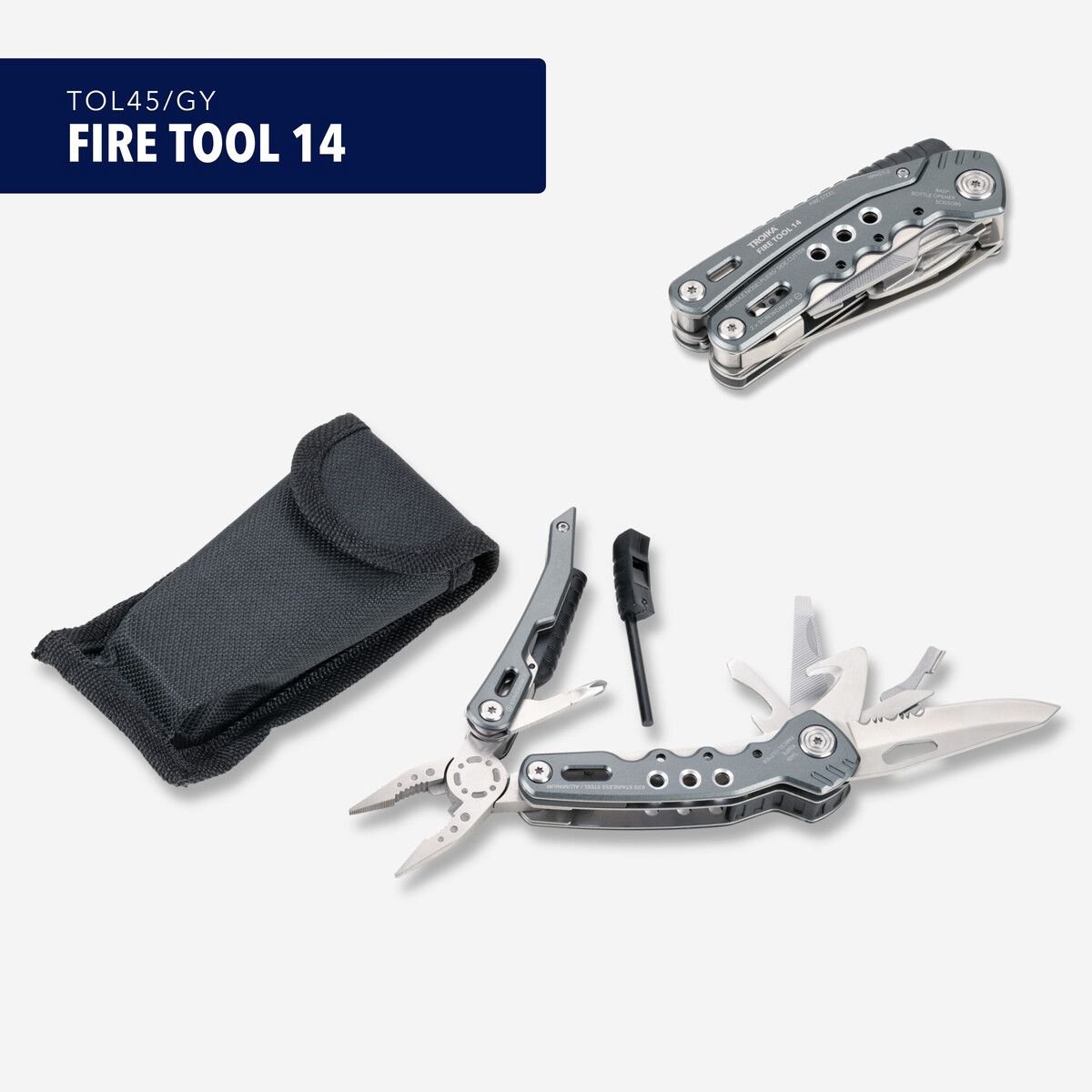 Troika Multitool BRANDWEREND GEREEDSCHAP / FireTool / Multifunctioneel met 14 functies punttang, tang, zijsnijtang, mes, zaag, schaar, pakketmes, platte schroevendraaiers in 2 maten, flesopener, kruiskopschroevendraaier, vijl, vuurstarter, fluitje,