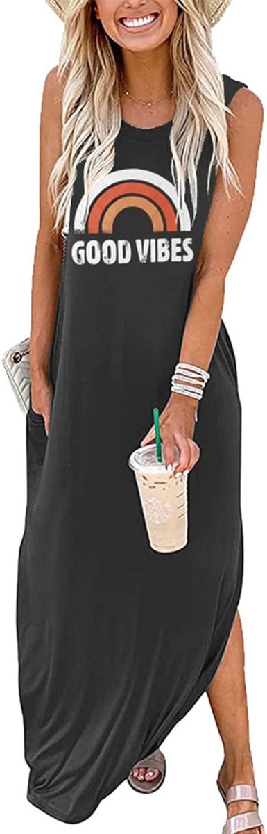 Zomer Maxi Jurk Dames Mouwloos Strandjurk Casual T-Shirt met Zakken