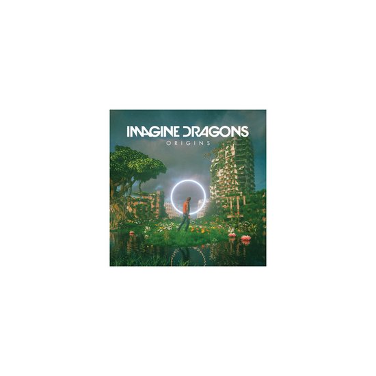 Couverture d'album : Un homme marche dans une ville luxuriante et futuriste avec des ruines et un anneau lumineux.