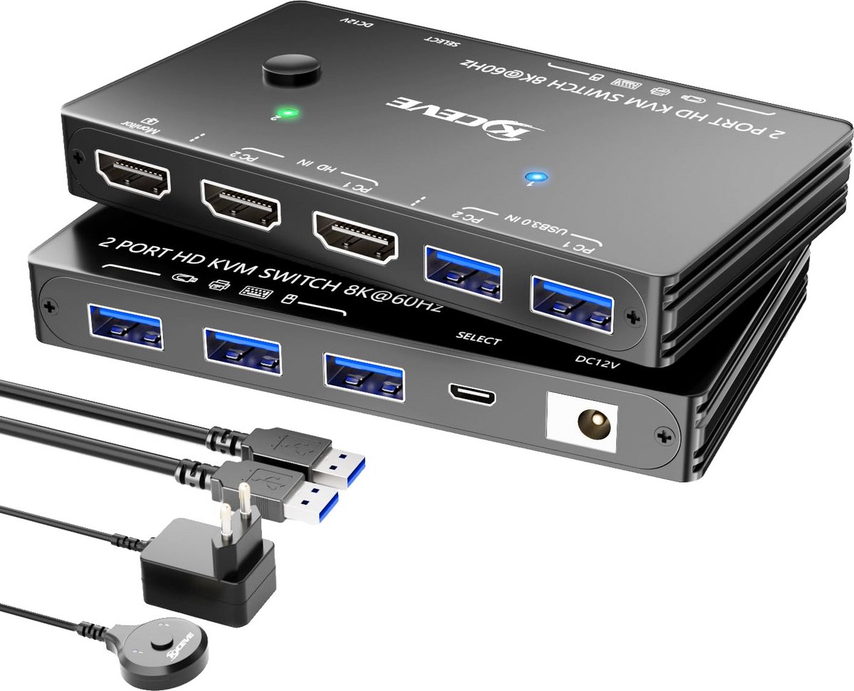 HDMI KVM-switch 2 PC's met 8K @60Hz en 4K @120Hz, 1 monitor, 3 USB 3.0-apparaten