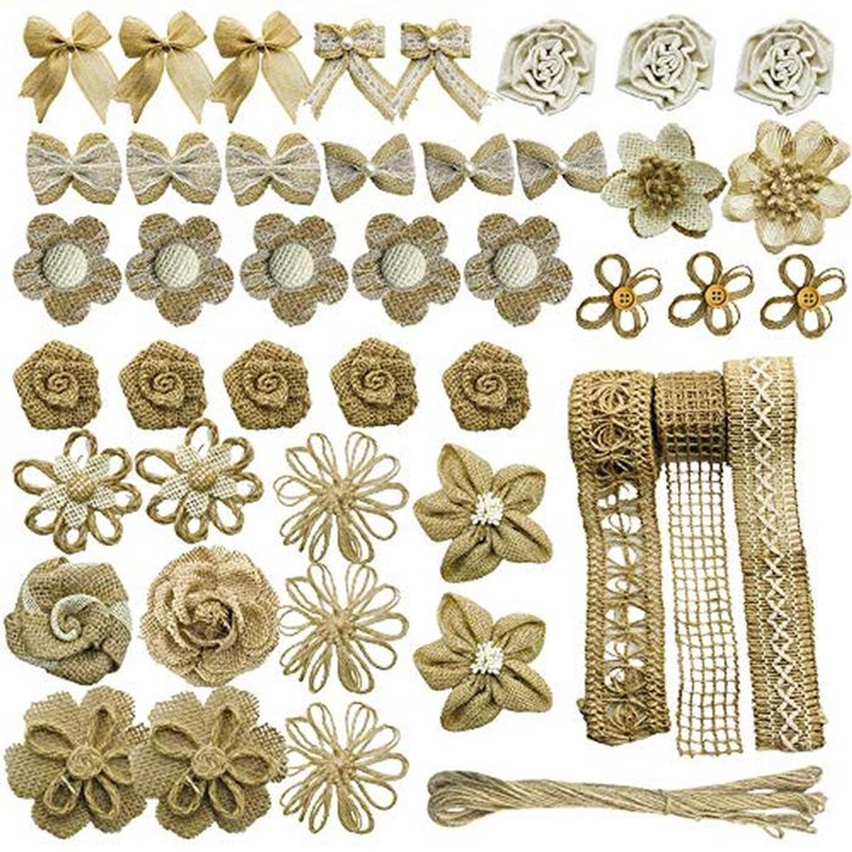 Natuurlijke jute bloemen set met kant en handgemaakte rozen voor ambachten en decoratie