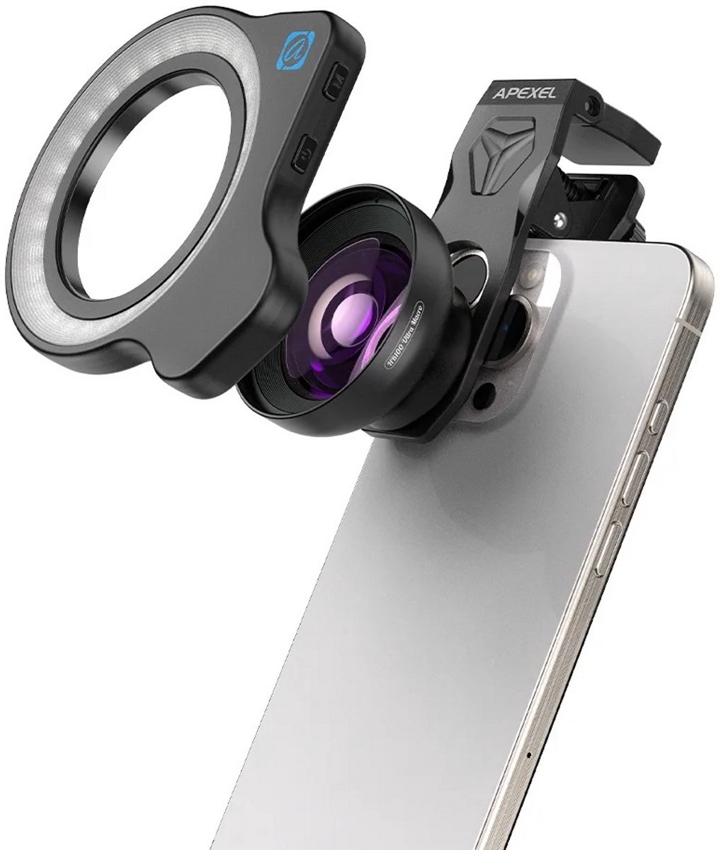 DrPhone APEX Detail X Macro Lens met Ringlamp – 32 LED – CRI≥95 – F1.05 – 45 Lichtmodi – 3 Kleuren – 5 Helderheidsniveaus – USB-C Oplaadbaar – 52mm Filter – Smartphone Fotografie