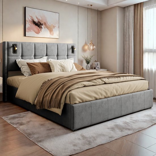 Opbergbed 140x200 cm Grijs Fluweel – Tweepersoons met 2 LED Leeslampen en Hydraulisch Lift