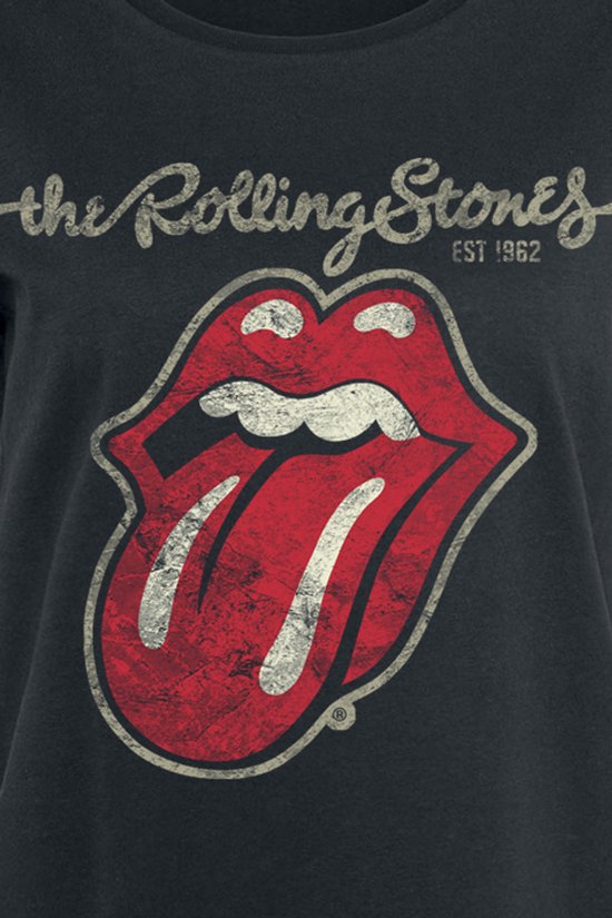 Zwarte T-shirt met de iconische rode Rolling Stones tong en lippenprint. Tekst 'the Rolling Stones EST 1962'.