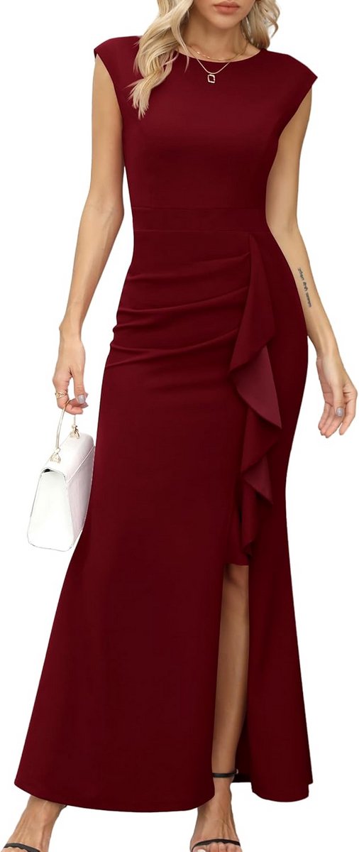 Elegante Maxi Jurk met Kapmouwen en Ruches voor Avondgelegenheden
