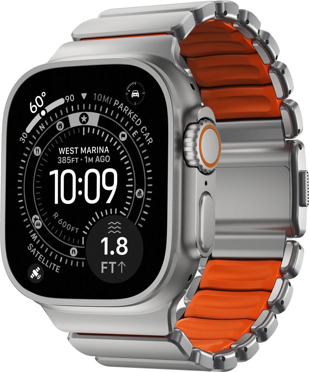 Nomad Stratos Horlogeband Natural Hardware 45/46/49mm – Titanium Hardware van Klasse 4 – Krasbestendige DLC-Coating – Compatibel met Apple Watch Ultra 1-3, Series 1-11, en SE - Oranje