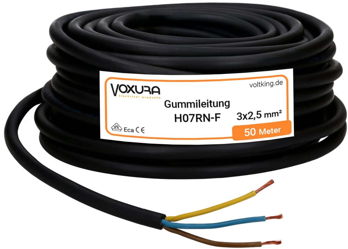 H07RN-F Rubberen Kabel 3 x 2,5 mm² 50 m - Beschermgeleider, UV & Oliebestendig, Campingkabel, Bouwplaatkabel