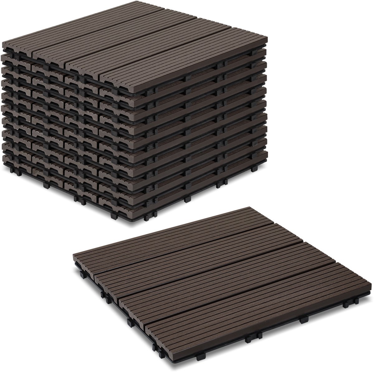 110 stuks WPC-terrastegels met drainage en kliksysteem voor tuin- en balkonvloeren, 30x30 cm, donkerbruin