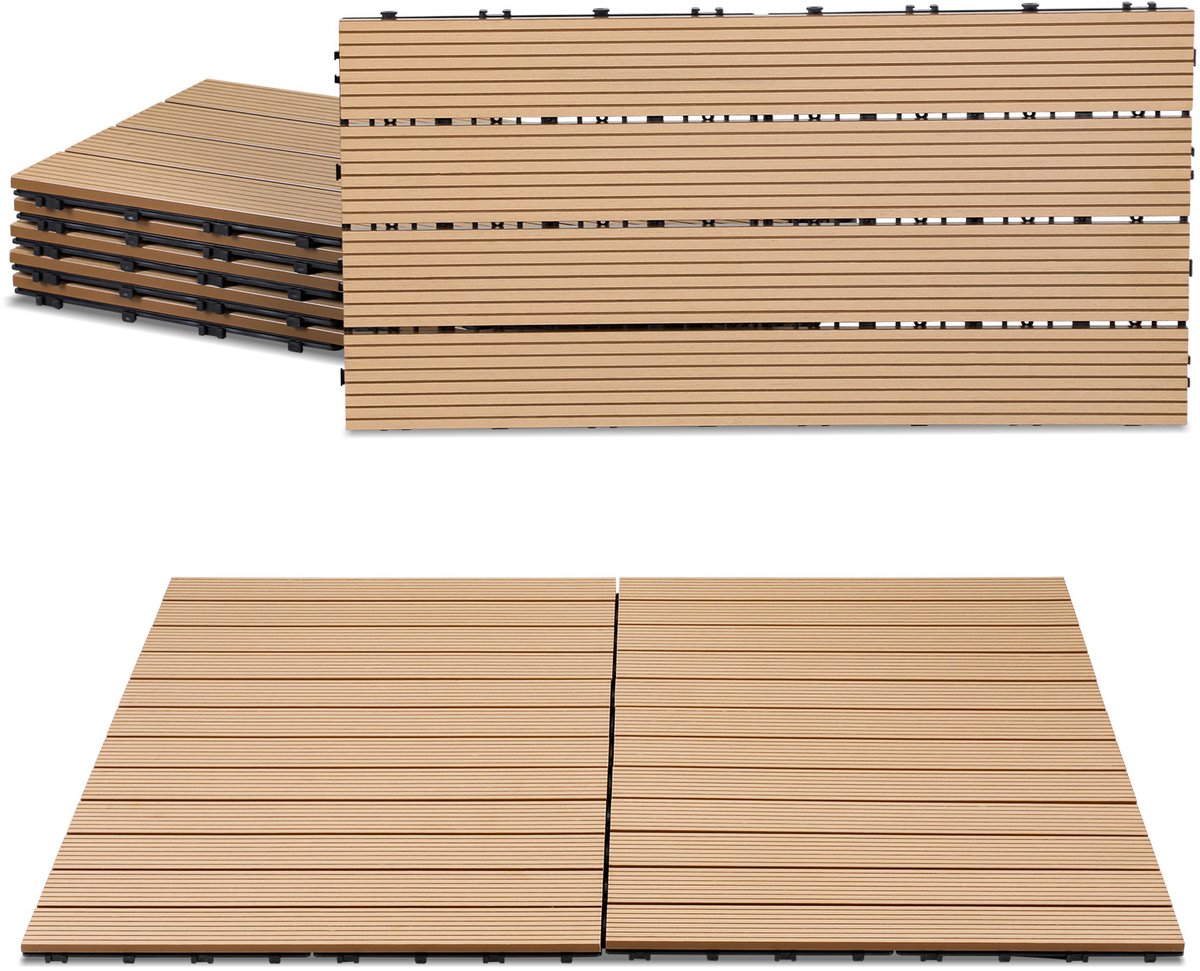 Set van 54 WPC-terrastegels, 4 latten, 30 × 60 cm, kliksysteem, hout-kunststofcomposiet in teaklook
