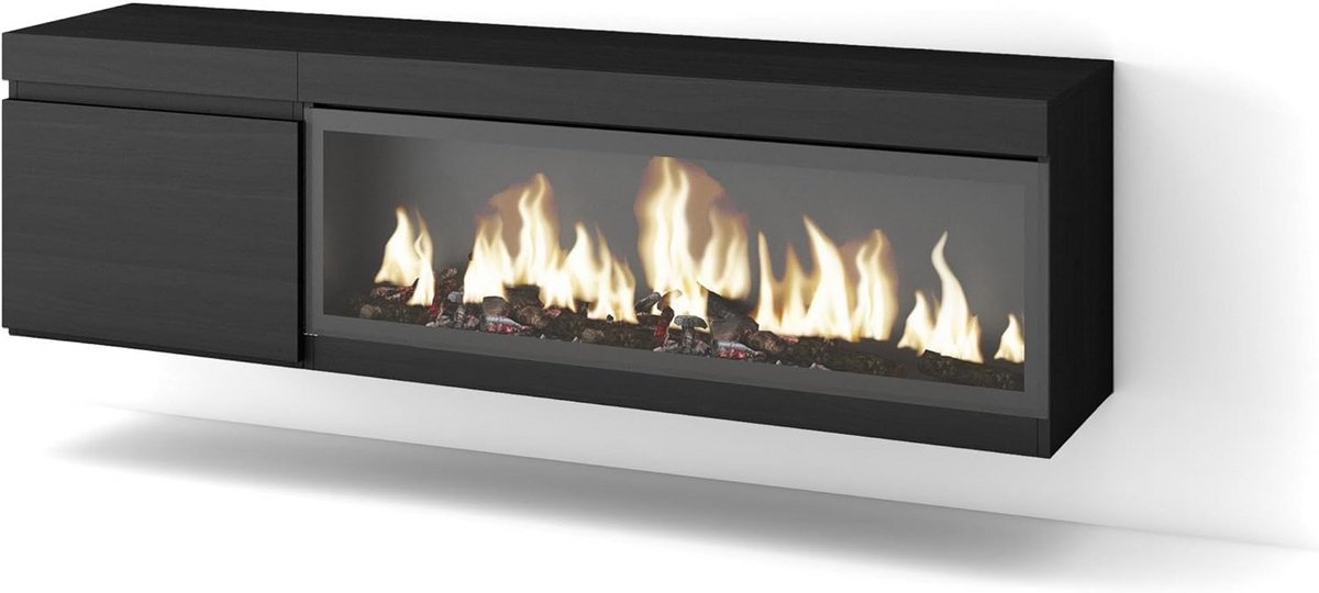 TV-Meubel met Elektrische Haard 160 cm Zwart Houtnerf voor TV tot 65 Inch met XXL LED Haard en Opbergruimte