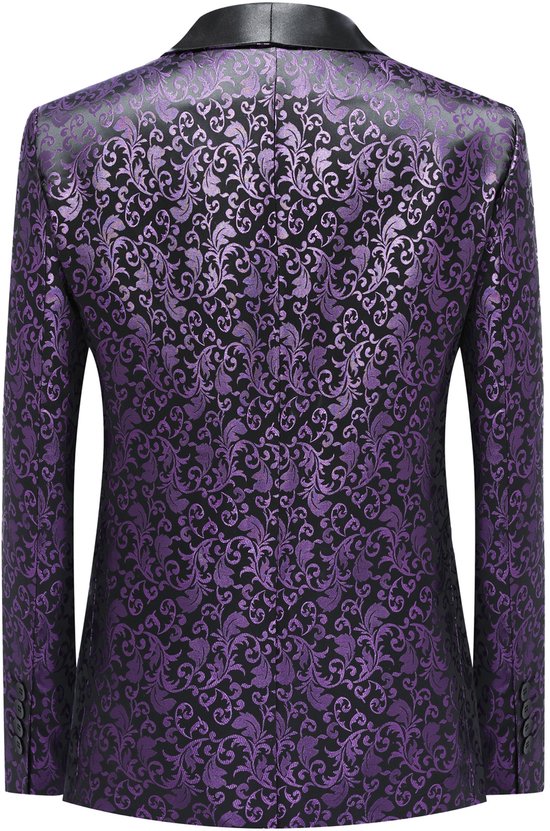 Achterkant van een paarse jacquard blazer met bloemenpatroon.