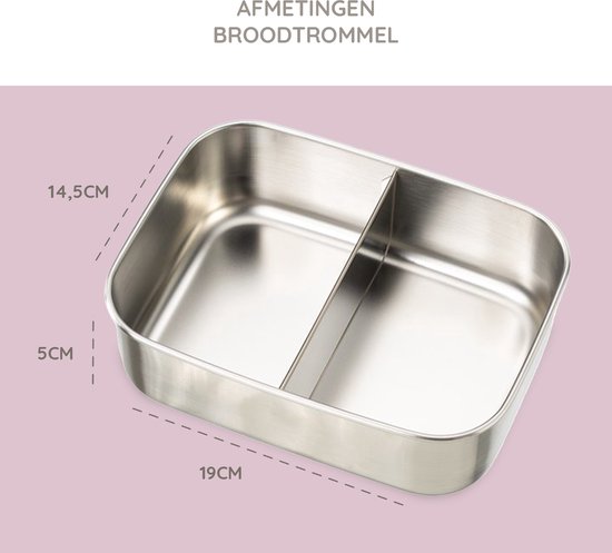 Roestvrijstalen broodtrommel met twee vakken. Afmetingen 14,5cm x 5cm x 19cm.