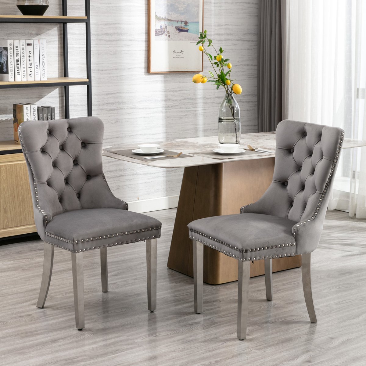 Clruro Eetkamerstoelen - Set van 2 - Gecapitonneerd - Zilveren RVS Poten - Fluweel - Grijs