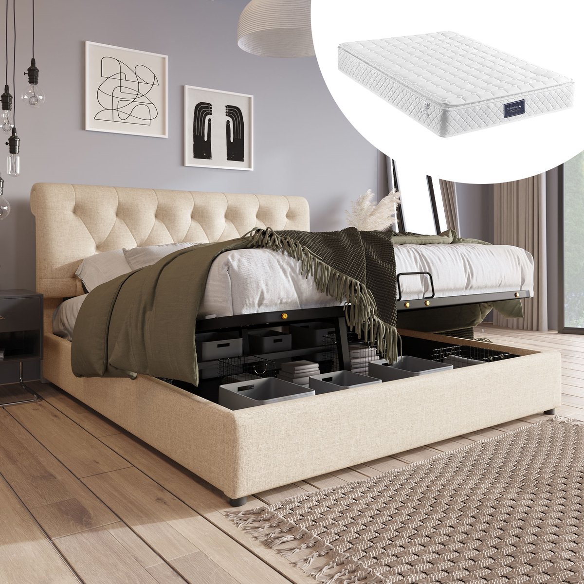 STILVORA Gestoffeerd Bed 140x200 cm – Tweepersoonsbed met verstelbaar hoofdeinde & hydraulische opbergkist – Linnen Bekleding – Natuurlijk – Met Matras