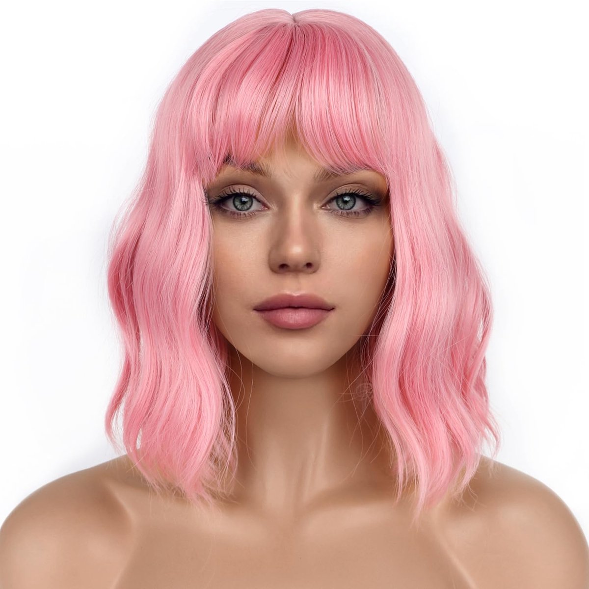 Daity Een roze bobpruik voor dames, met pony, pluizige golvende krullen, roze golvende bobpruik tot op de schouders, geschikt voor cosplay voor meisjes, kleurrijke kostuumpruik (roze).