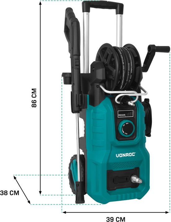 Turquoise hogedrukreiniger, 86cm hoog, 39cm breed en 38cm diep, met telescopische handgreep en wielen.
