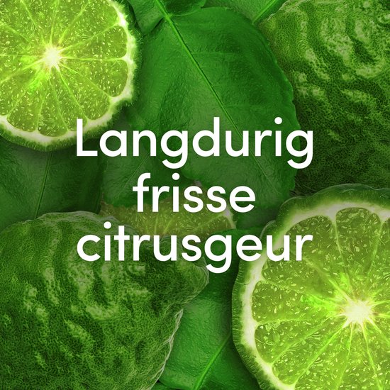 Groene citroenen en bladeren met de tekst 'Langdurig frisse citrusgeur'.