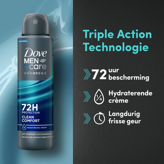 Dove Men+Care Advanced Clean Comfort deodorant spuitbus met 72u bescherming, hydraterende crème en frisse geur.