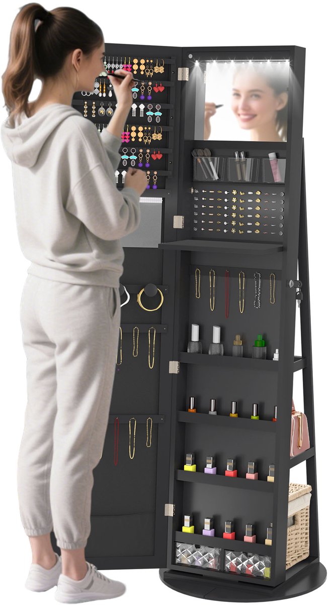 Aufun 2-in-1 Sieraadkast met Spiegel – Vergrendelbaar Draaistandaard (Zwart) – Make-up & Sieraad Opbergkast