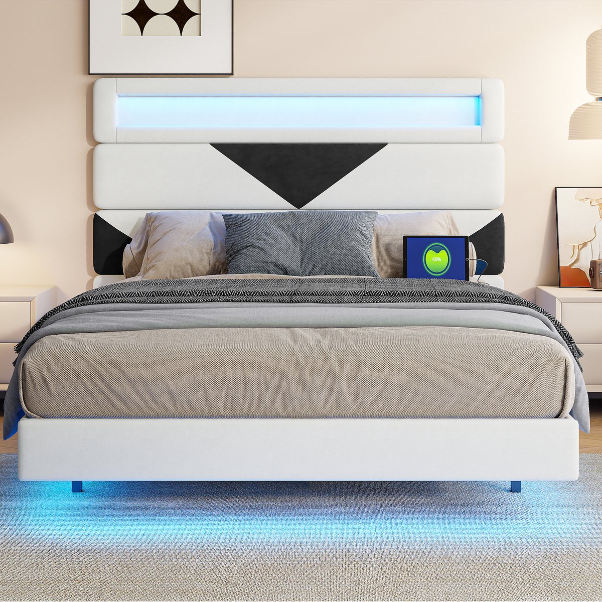 Tweekleurig Fluwelen Opbergbed 160x200 cm met Verstelbaar Hoofdbord, LED Hoofd- & Onderverlichting en USB