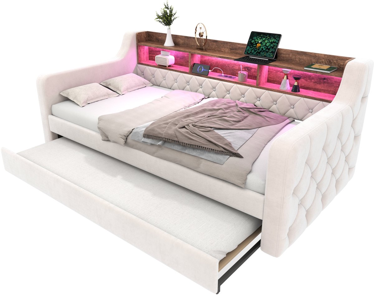 Merax Slaapbank 90 x 190 cm - Logeerbed met Bed met Opbergruimte - Fluwelen Stof - LED Verlichting met Afstandsbediening - USB-C Aansluiting - Houten Lattenbodem - Beige