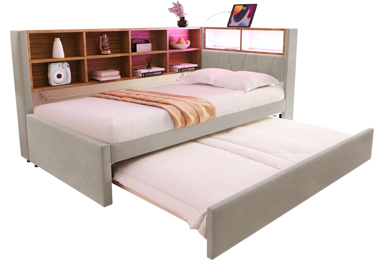 Merax Slaapbank 90x200 Logeerbed 90x190 met LED Verlichting met Afstandsbediening Stopcontacten Opbergruimte Fluwelen Stof Lichtgrijs