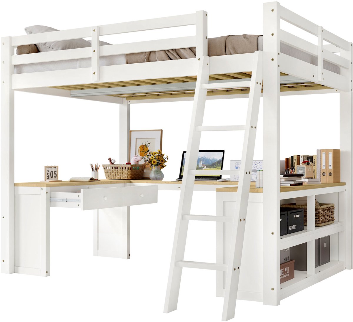 Merax Hoogslaper 140 x 200 cm - Kinderbed met U-vormig Bureau - 2 Lades - Opbergrek - Houten Lattenbodem - Grenenhout + MDF - Wit + Natuurlijke houtkleur - Zonder Matras