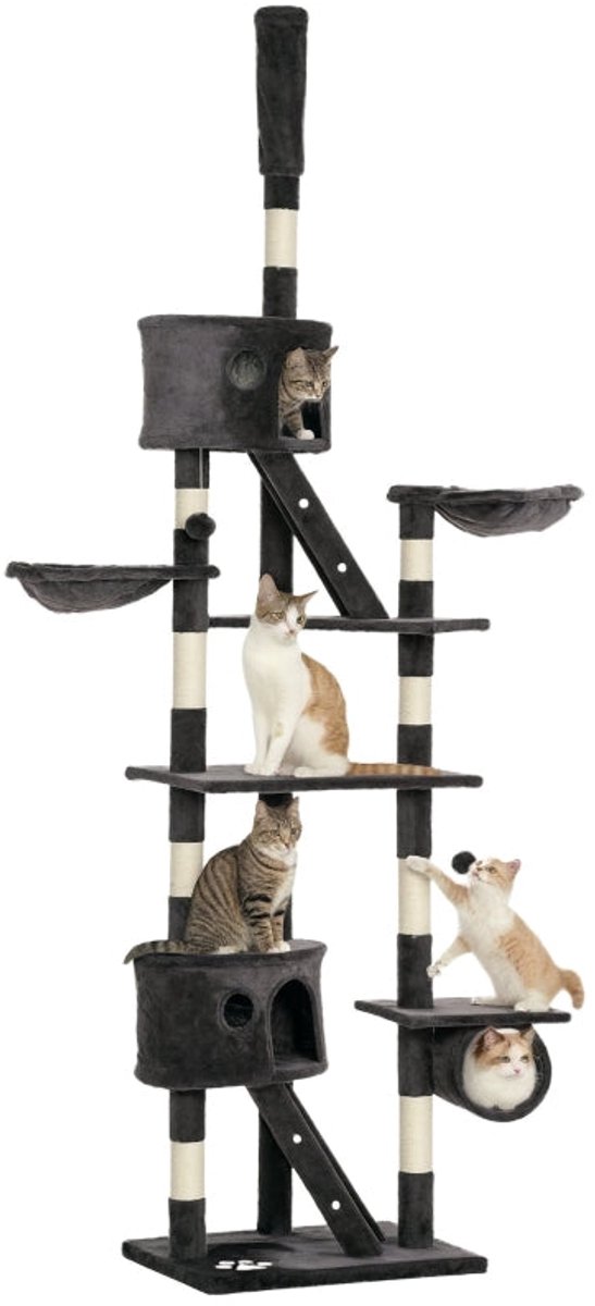 Merax Plafondhoge Krabpaal 240-260 cm – Grote Krabtoren Voor Katten – Krabstammen Met Sisal – Kattenhuisjes Hangmandjes Tunnel En Speelgoed – Donkergrijs – 60x45 cm