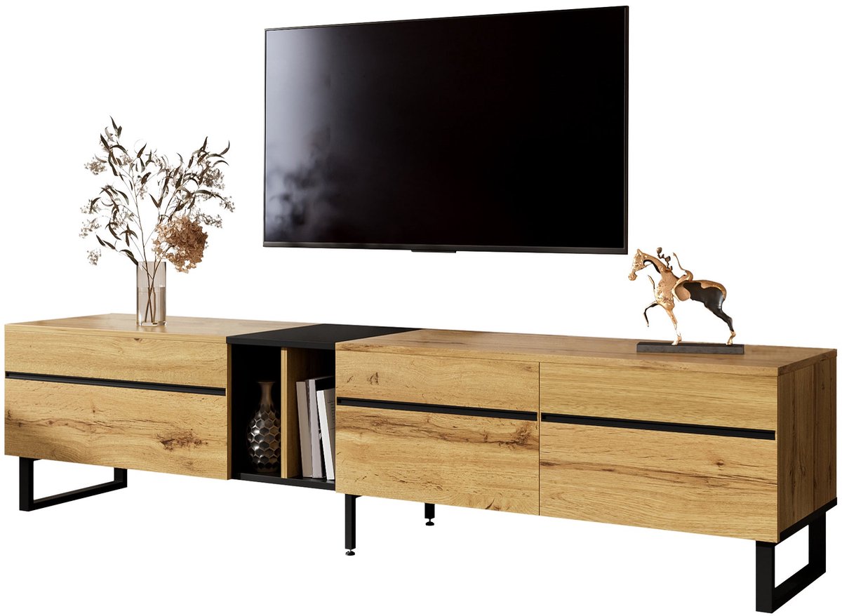 Merax TV Meubel 180 cm Houtkleur - TV Lowboard met Klapdeur Open Vakken en Dubbeldesign Deuren - Modern TV Dressoir met Verstelbare Poten en Ruime Opbergruimte Bruin
