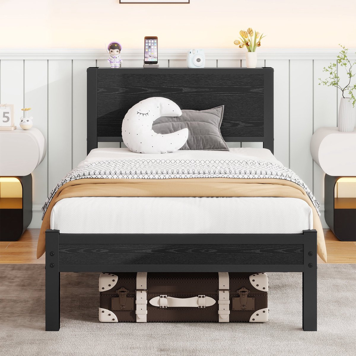 Merax Metalen Bedframe 90x200 - Zwart - Met Hoofdbord Met Opbergplank - Metalen Lattenbodem - 27 Cm Onderbed Opbergruimte - Zonder Boxspring