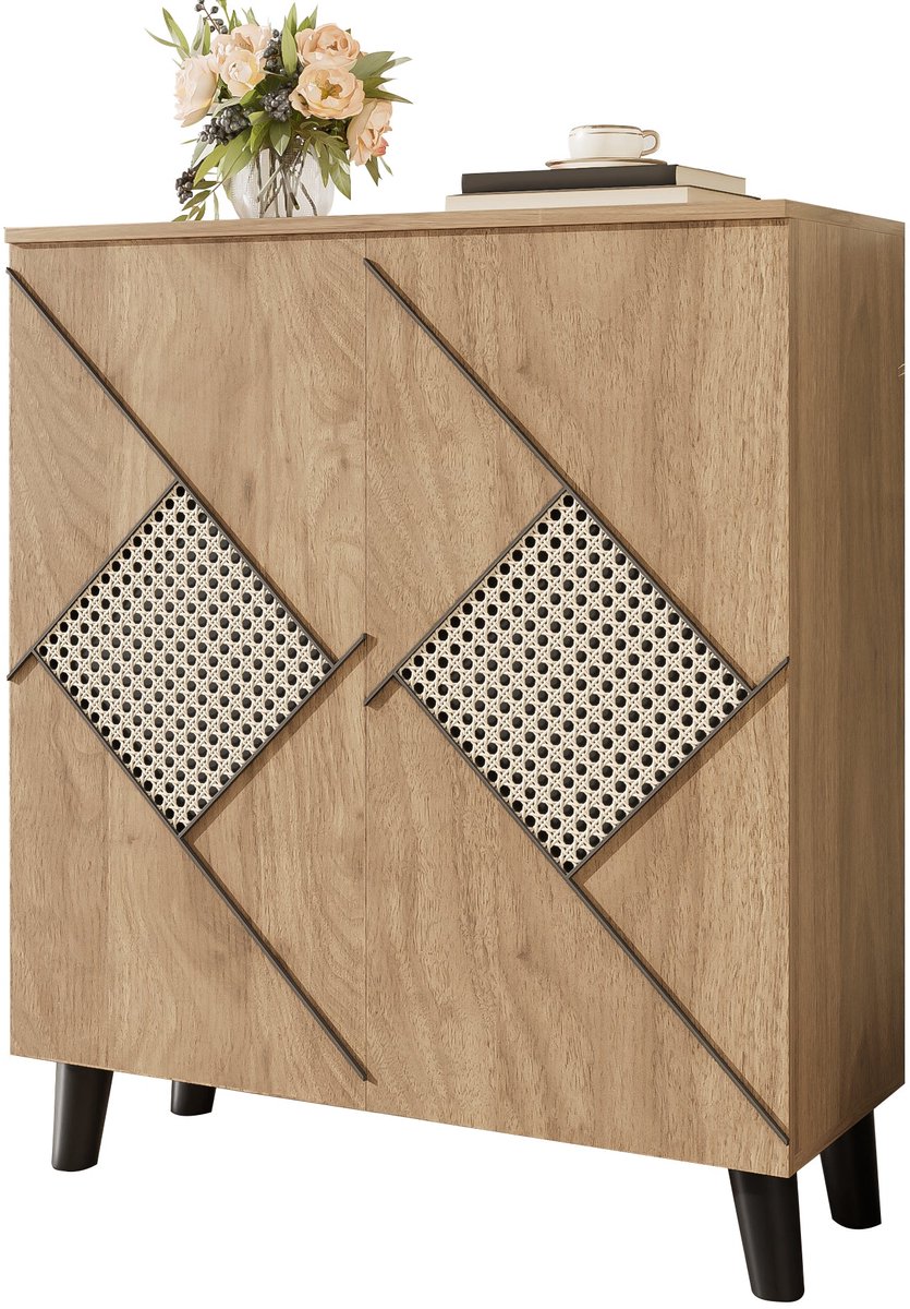 Merax Schoenenkast 80x32x91 cm – Houten Schoenenkast met 3 Deuren – Moderne Opbergkast met Rattandetail – Compact Halmeubel met Meerdere Legplanken Bruin