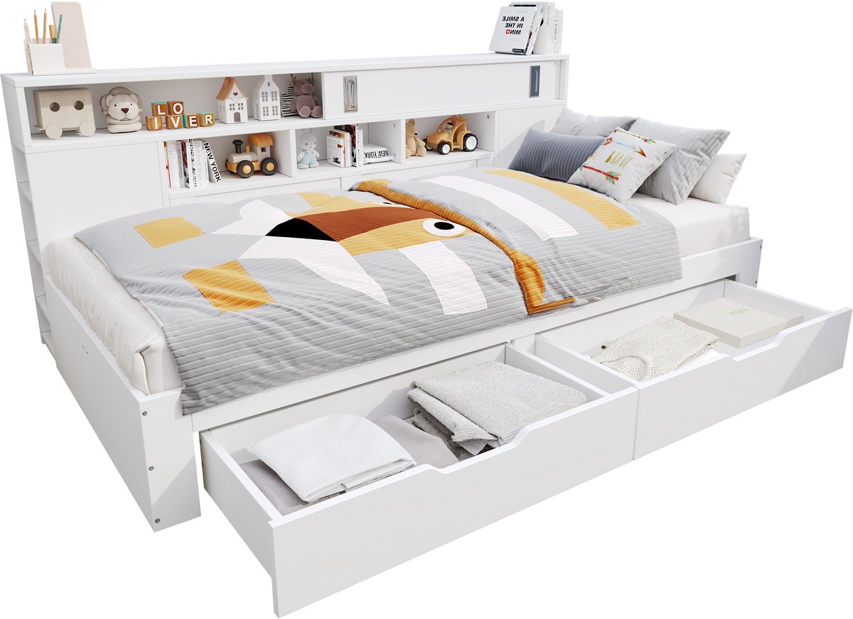 Merax Kinderbed 135x190 cm - Bed met Opbergruimte - 2 grote lades - Hoofdbord met schuifdeuren en vakken - Verstelbare zijplanken - Houten lattenbodem - MDF - Wit - Zonder matras