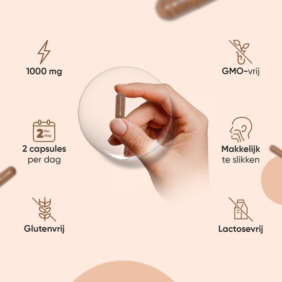 Hand houdt een WeightWorld kaneel capsule. Iconen voor 1000 mg, 2 capsules per dag, glutenvrij, GMO-vrij, makkelijk te slikken, lactosevrij.