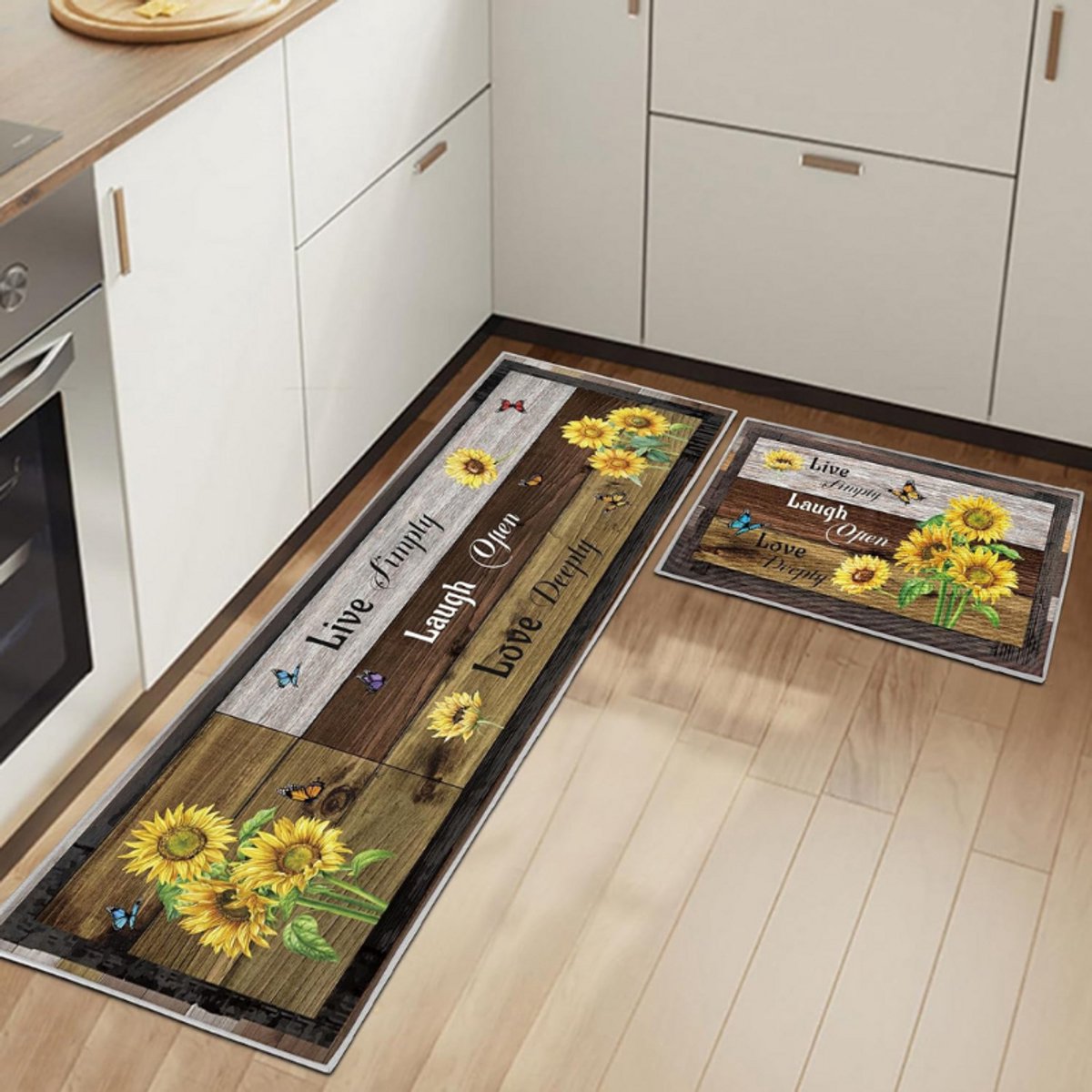 BOG Zonnebloem Keukenmat Set Van 2 – Antislip Wasbare Keukenlopers Met Comfort Onderlaag – Stofwerende Keukenvloermatten Voor Dagelijks Gebruik – 43 X 75 Cm En 43 X 150 Cm Zonnebloemen