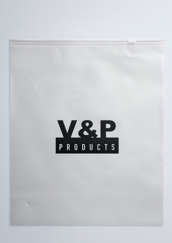 Transparante opbergzak met V&P Products logo.