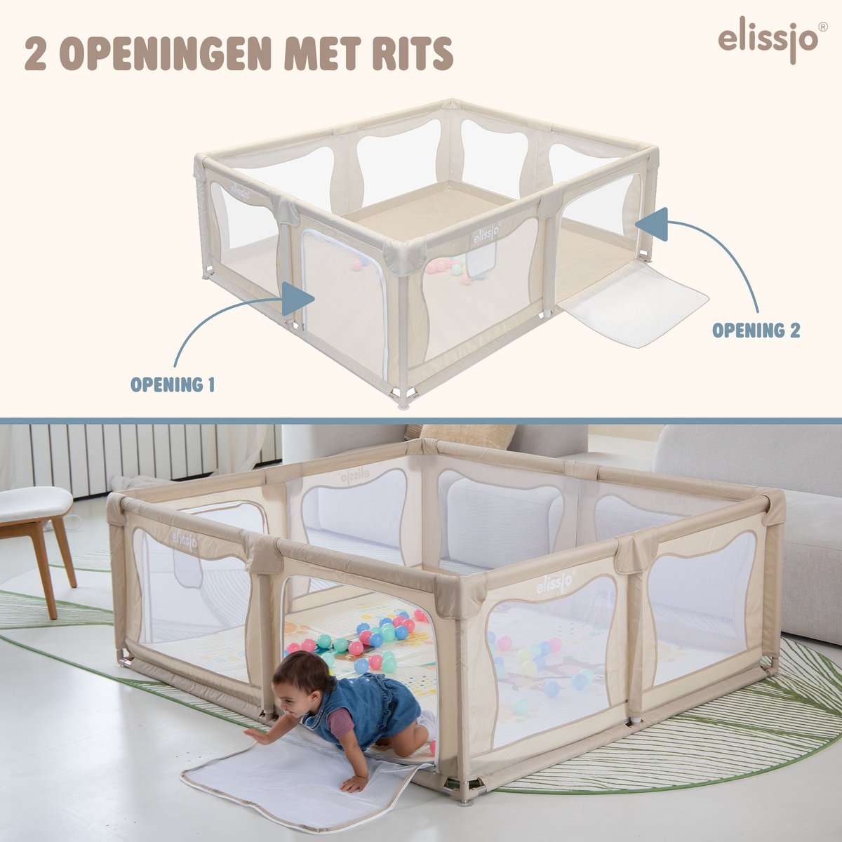 Elissio® - Grondbox Baby – Inclusief Dubbelzijdige Speelmat – Baby Speelbox met 50x Speelballen - Kinderbox - Playpen - 180x150 CM - Beige – foto 4
