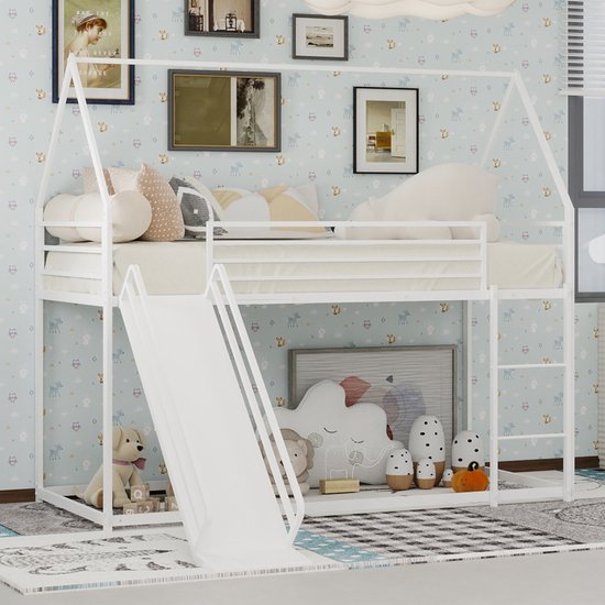 Sweiko Lit mezzanine - 90x190 cm - Met toboggan - En forme de cabane - Cadre métallique - Lit pour enfant - Wit