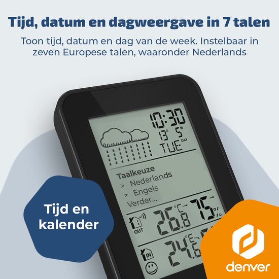 Close-up van een zwart weerstation display met tijd, datum en dag van de week. Opties voor taalweergave, inclusief Nederlands.