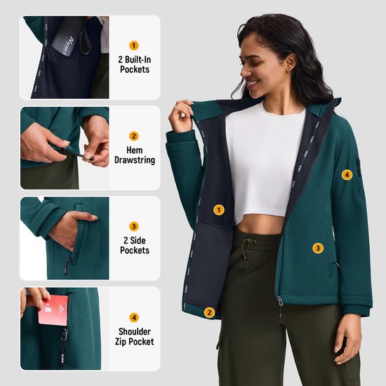 Dames groenblauwe softshell jas. Details van binnenzakken, zoom met trekkoord, steekzakken en mouwzak met rits.