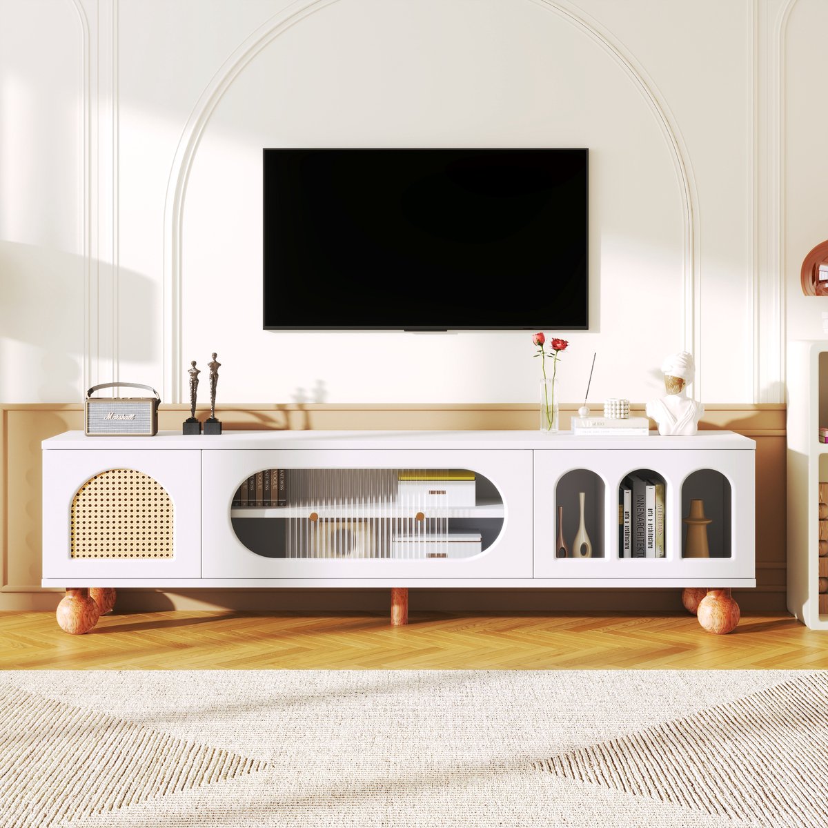 TV-Meubel - Lowboard Met Rattanlook Deur En Glazen Schuifdeur - Open Vakken - Hout - Natur