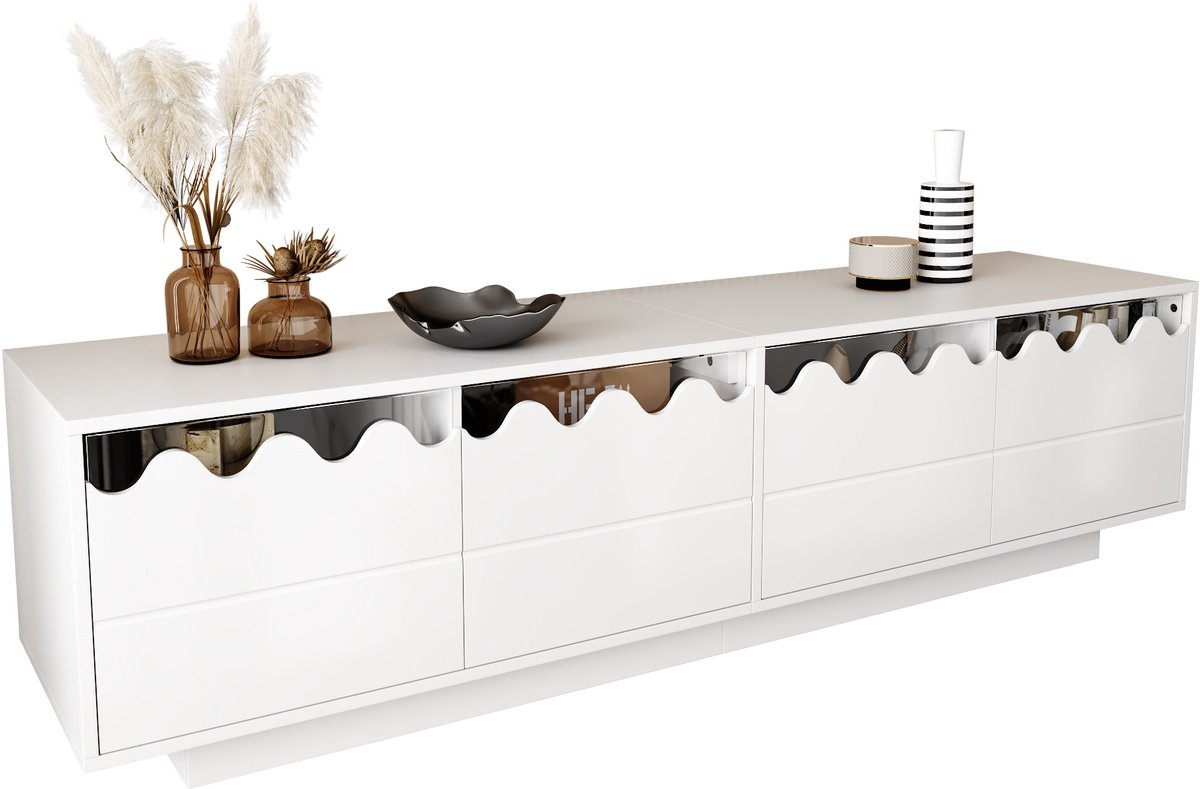 Clruro TV-Meubel 170 cm - Lowboard Met 4 Deuren En Golfdesign - Opbergruimte - Onbekend - Neutraal Wit