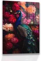 Paon parmi les fleurs - Verre acrylique - Décoration murale salon - Tableau en verre 60x90 cm