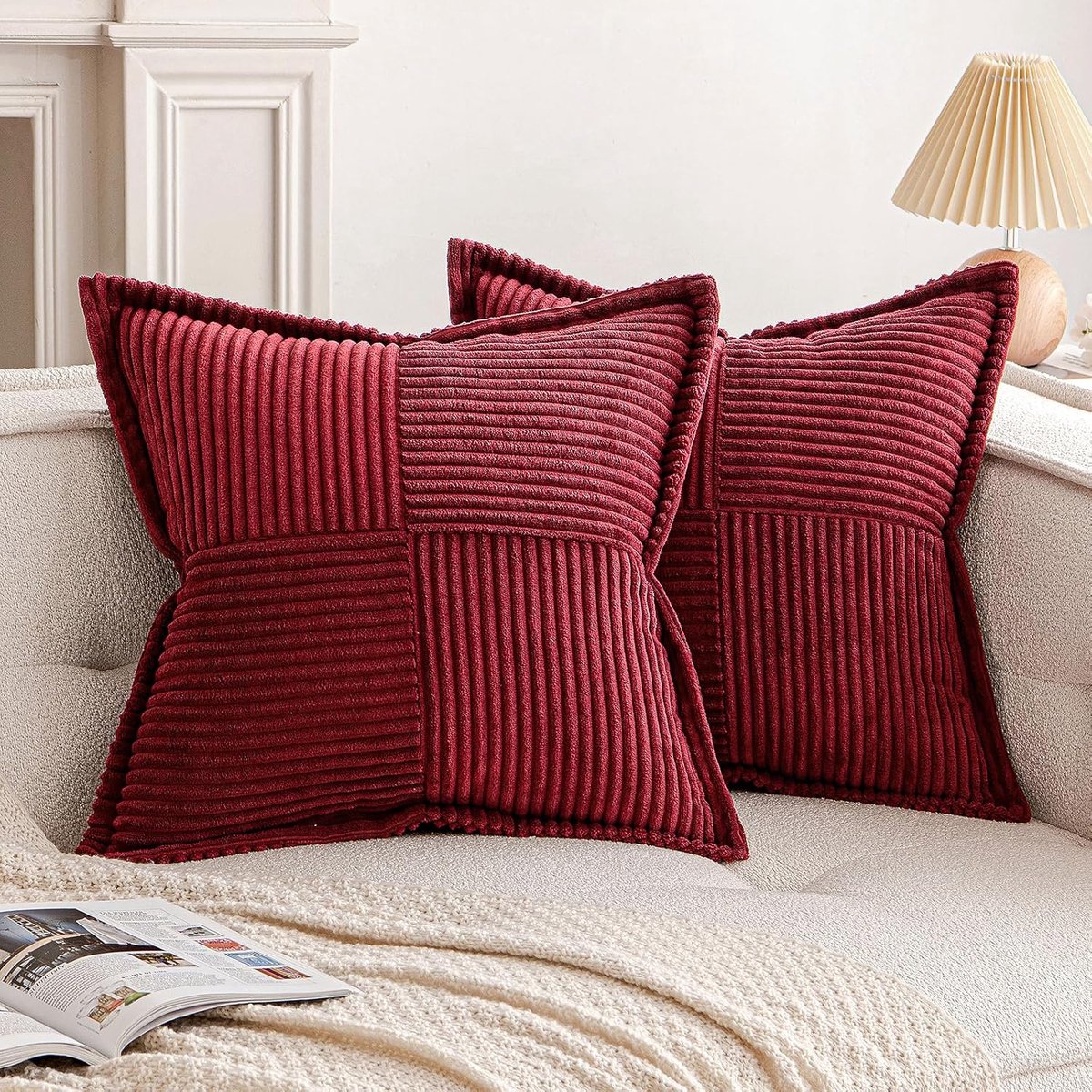 Famanu Kerst corduroy ribfluweel kussenhoezen set van 2 (40x40 cm) – zachte sierkussenhoezen – wijnrood/bordeaux