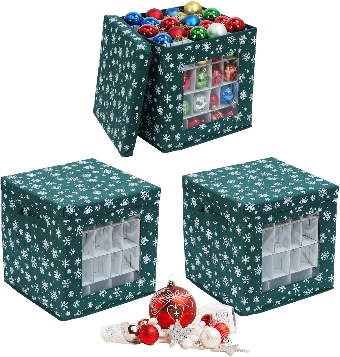 Kerstballen-opbergbox - 33x33x33 cm - 3 stuks - groen
