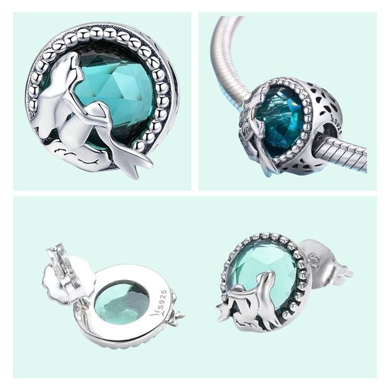 Collage van zilveren sieraden met blauwe stenen, waaronder een bedel met zeemeermin, oorbellen en een ketting.